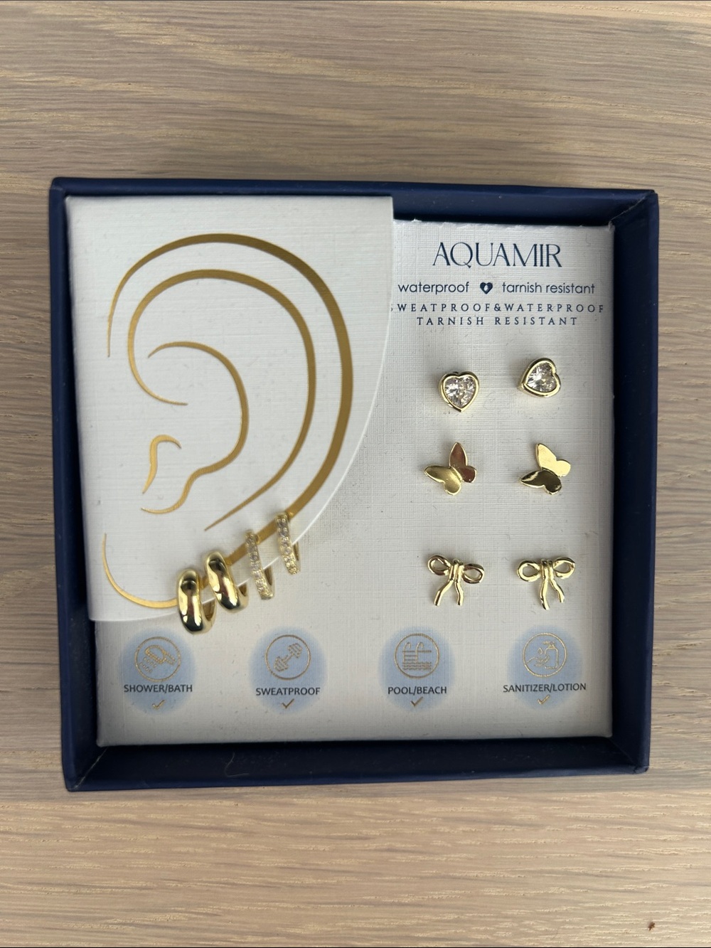 New Aquamir Waterproof Gold Stud Earring Set - Hearts, Butterflies, Bows & hoops